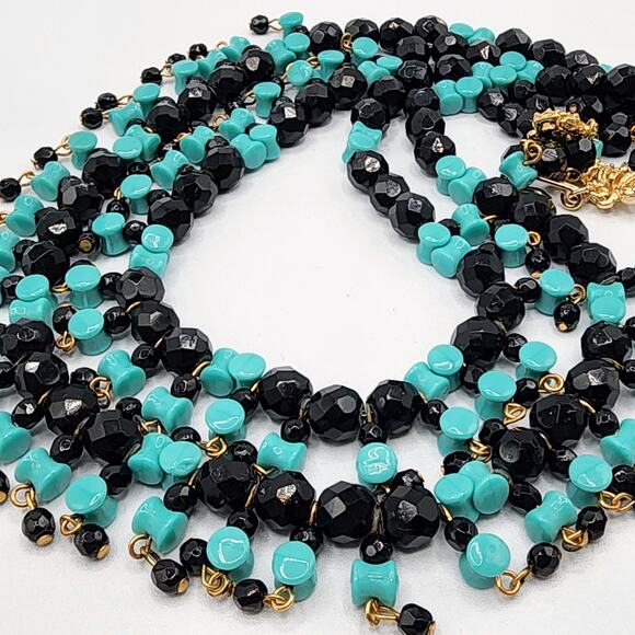 Vintage Hobé Bib Necklace Black Faceted & Aqua Bowtie Glass Beads 1950s - Picture 2 of 8